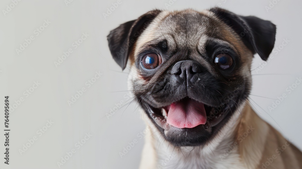 A close-up image capturing the adorable expression of a pug with its tongue hanging out, showcasing its bright eyes and happy demeanor