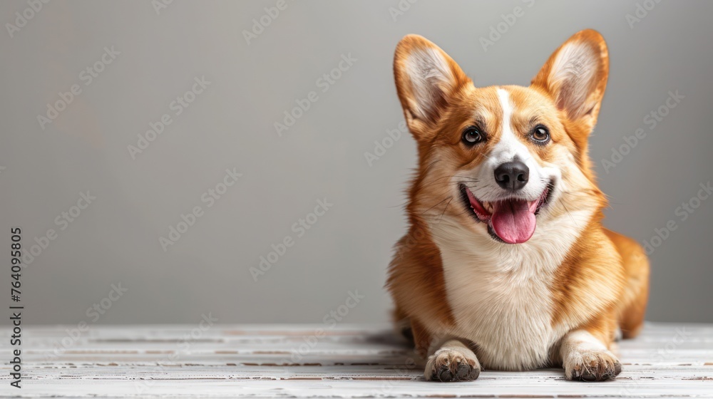 a cheerful welsh corgi dog lying down on a white wooden surface, looking at the camera with a bright and lively expression a cheerful welsh corgi dog lying down on a white wooden surface, looking at the camera with a bright and lively expression