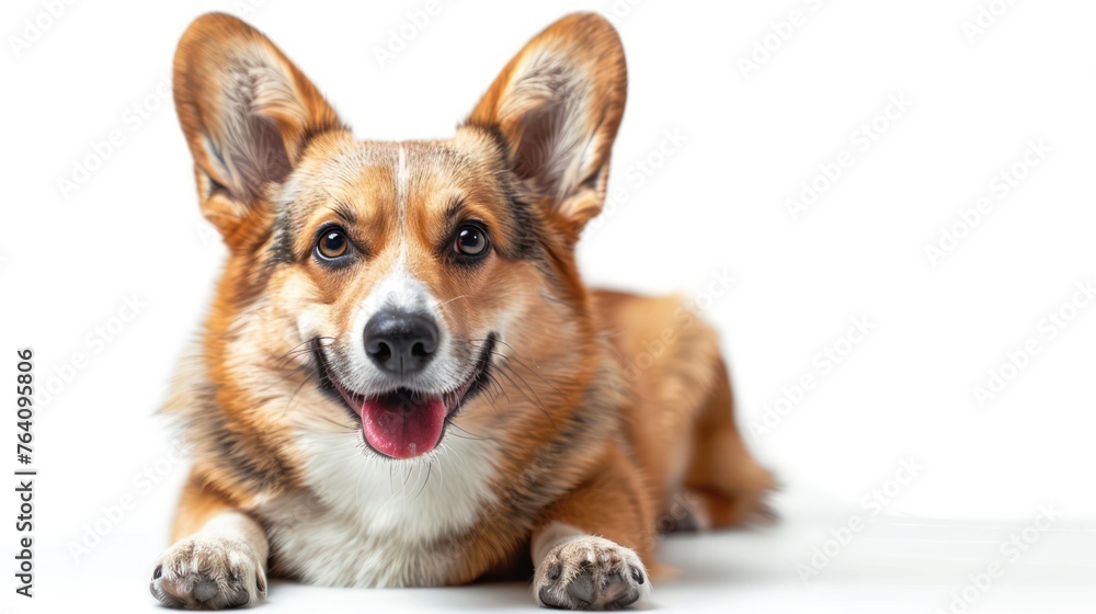 A charming Welsh Corgi lying down with its large, perky ears fully visible and the face artistically blurred The image highlights the breed's distinct features