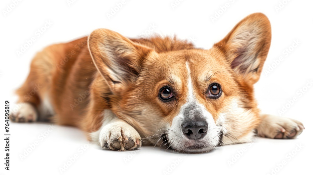 Cute brown and white Pembroke Welsh Corgi laying down and looking straight ahead with big ears and attentive eyes on a white background