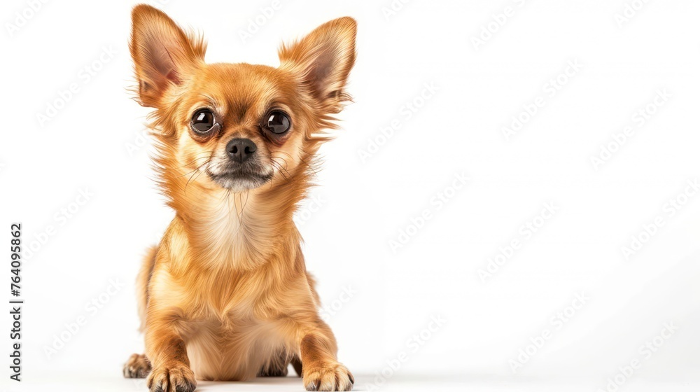 Adorable little Chihuahua dog with big ears sitting attentively on a seamless white background, looking captivating and curious