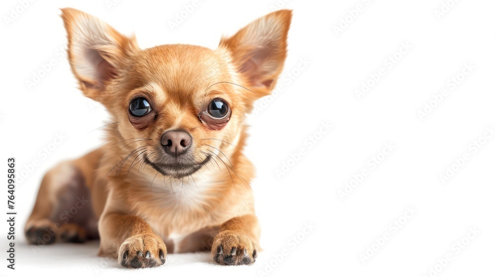 Cute small Chihuahua puppy with big eyes lying down on an isolated white background, capturing its innocence and playful nature