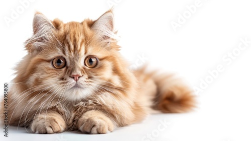 A beautiful long-haired ginger cat lies relaxed, gazing with its striking, wide amber eyes against a clean white background