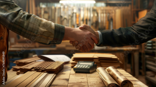 A close-up handshake over a workshop table scattered with blueprints and tools. © MP Studio