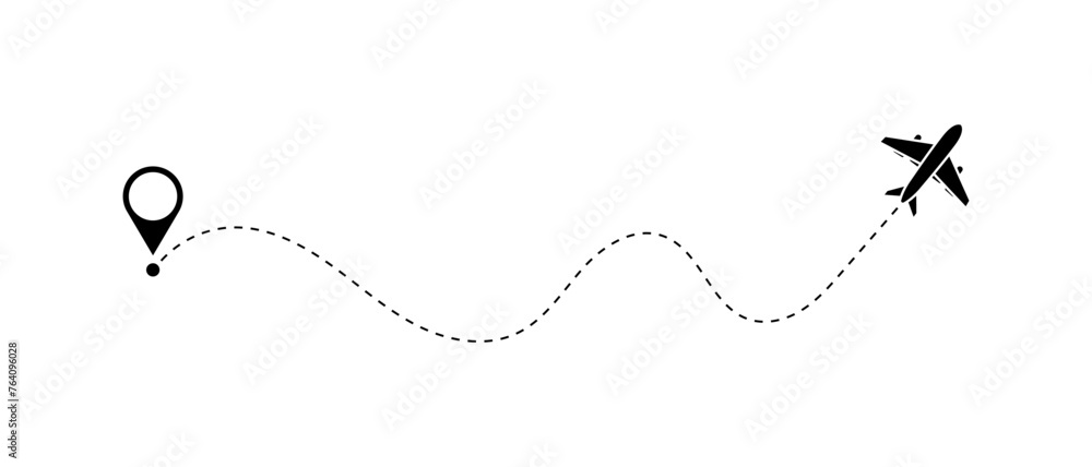 Airplane line path vector icon of air plane flight route with start point and dash line trace - vector illustration - obrazy, fototapety, plakaty 