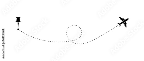 Airplane line path vector icon of air plane flight route with start point and dash line trace - vector illustration