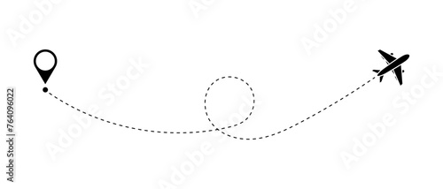 Airplane line path vector icon of air plane flight route with start point and dash line trace - vector illustration