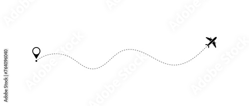 Airplane line path vector icon of air plane flight route with start point and dash line trace - vector illustration