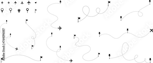 Airplane line path vector icon of air plane flight route with start point and dash line trace - vector illustration