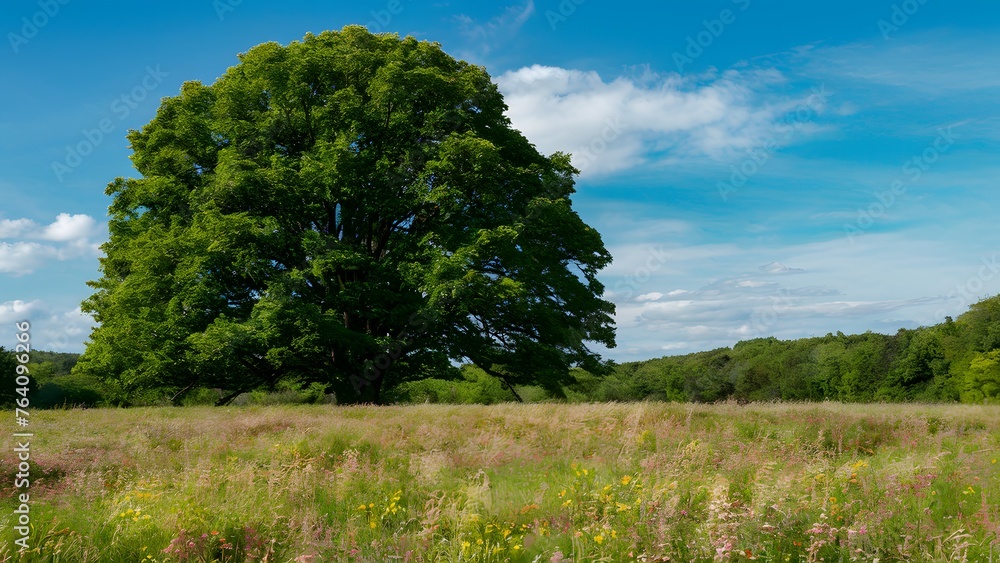 Lush meadow blooms with life, anchored by a majestic green tree Lush meadow blooms with life, anchored by a majestic green tree
