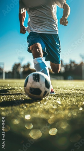 Soccer Player Running with Ball on a Soccer Field