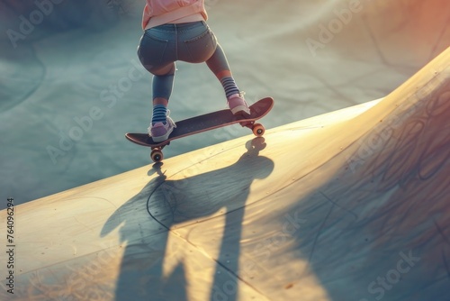 Urban girl having fun riding skateboard at skate park. Freedom and youthfulness mood. Children and youth sport.