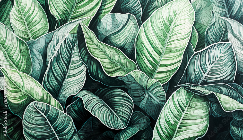 Abstract pencil color drawing art of botany plant leaves pattern.tropical nature background design.wavy swirl of foliage line.organic green elements. - obrazy, fototapety, plakaty 