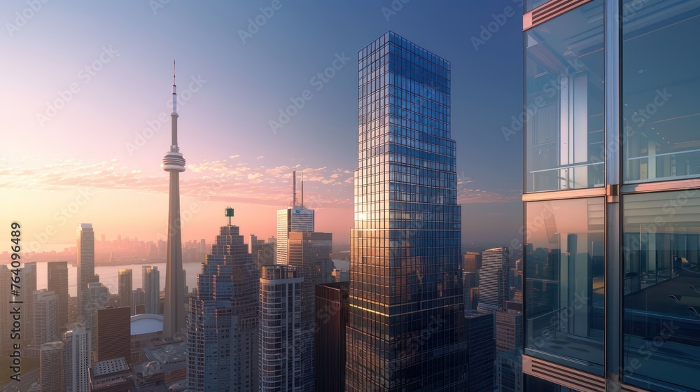 A breathtaking cityscape of Toronto during sunrise, featuring the iconic CN Tower amidst the gleaming skyscrapers under the hues of the golden hour