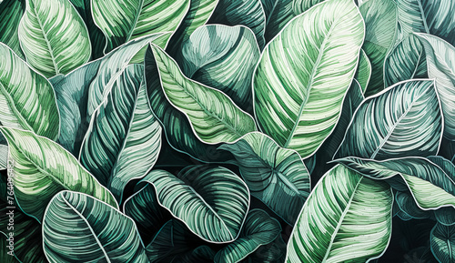 Abstract pencil color drawing art of botany plant leaves pattern.tropical nature background design.wavy swirl of foliage line.organic green elements. photo