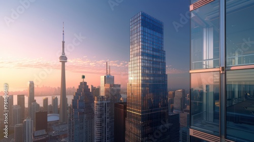 A breathtaking cityscape of Toronto during sunrise, featuring the iconic CN Tower amidst the gleaming skyscrapers under the hues of the golden hour photo