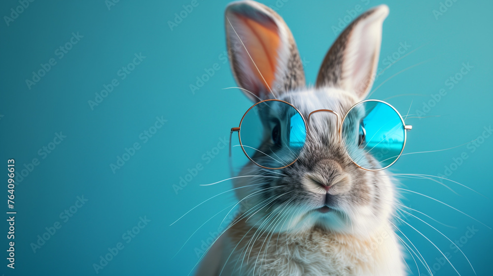 A rabbit wearing glasses and looking at the camera
