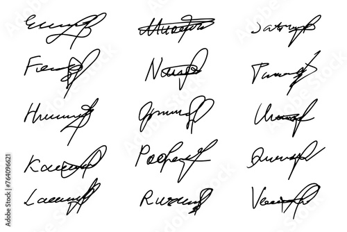 Set of autograph fictitious, handwritten fake signature. Isolated doodle on white background, vector illustration