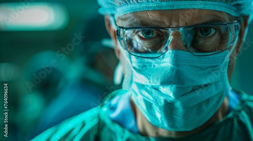 Surgeon Preparing for an Operation: A focused male surgeon in scrubs and a mask, ready to operate