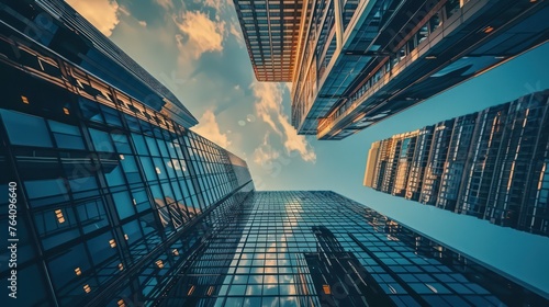 A stunning low angle perspective of modern skyscrapers reaching towards a vivid blue sky with wispy clouds, highlighting architectural brilliance