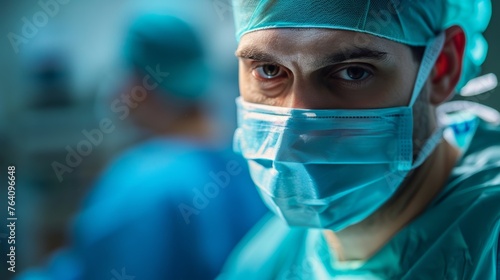 Surgeon Preparing for an Operation: A focused male surgeon in scrubs and a mask, ready to operate
