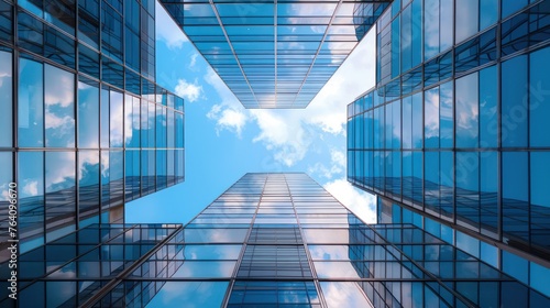 A dynamic perspective of towering modern glass skyscrapers converging into a point under a clear blue sky  signifying ambition and growth