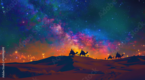 A desert landscape at sunset with camels silhouetted against the sky generative ai © Wijaya