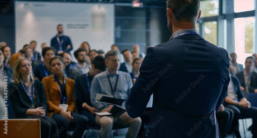 A man speaking in front of a large group of people during a business event. - obrazy, fototapety, plakaty 