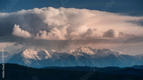 Majestic mountains stand against a backdrop of dramatic cloud formations