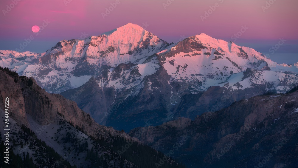 Majestic sunset casts a warm glow over rugged mountain terrain Majestic sunset casts a warm glow over rugged mountain terrain