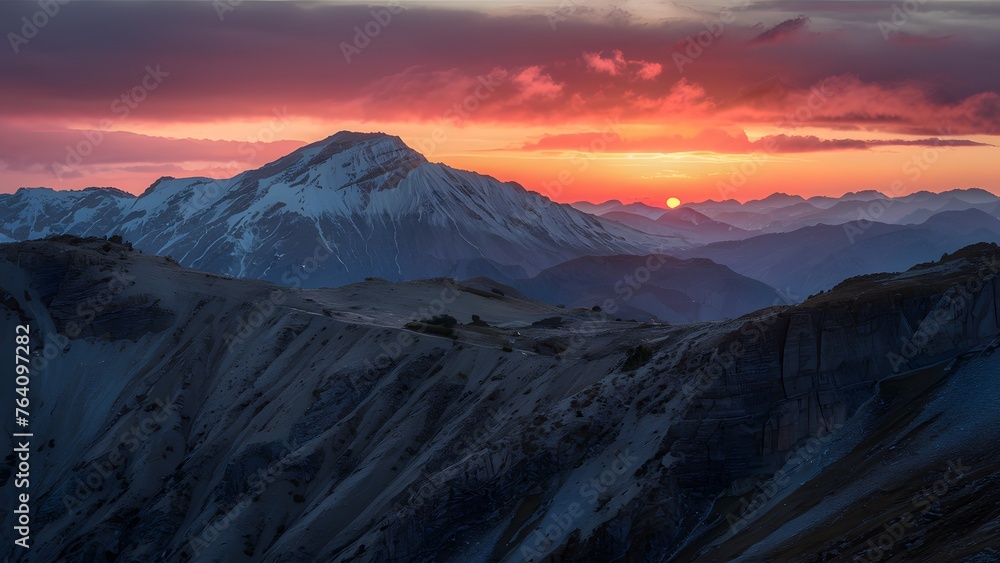 Majestic sunset casts a warm glow over rugged mountain terrain