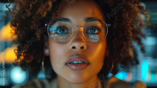 A woman with curly hair and glasses is staring at the camera