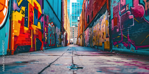 Vibrant Street Art Alleyway with Tall Building in the Background A Colorful Urban Landscape © SHOTPRIME STUDIO