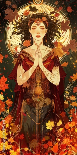 Illustration of a Sacred and Divine Meditation in the Earth Maiden Autumn Style created with Generative AI Technology