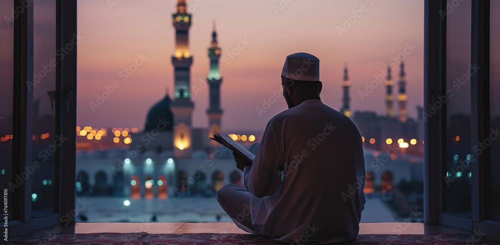 A man reading the Quran with a mosque in the background generative ai - obrazy, fototapety, plakaty 