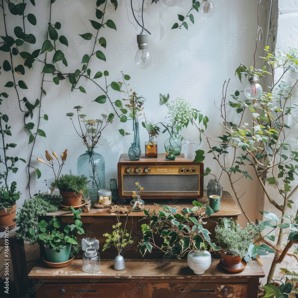Fototapeta premium an old retro radio on a vintage table with potted plants in a urban loft style apartment interior decorate with greenery home decor 