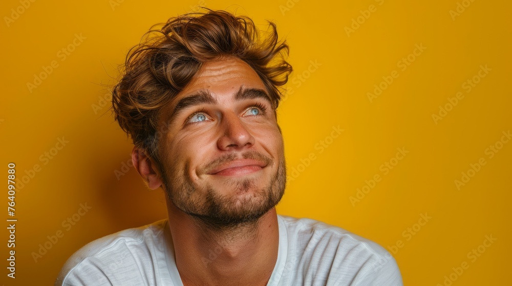 Smiling Young and Middle-aged Men's Portraits on Clear Yellow Background Looking Up Smiling Young and Middle-aged Men's Portraits on Clear Yellow Background Looking Up