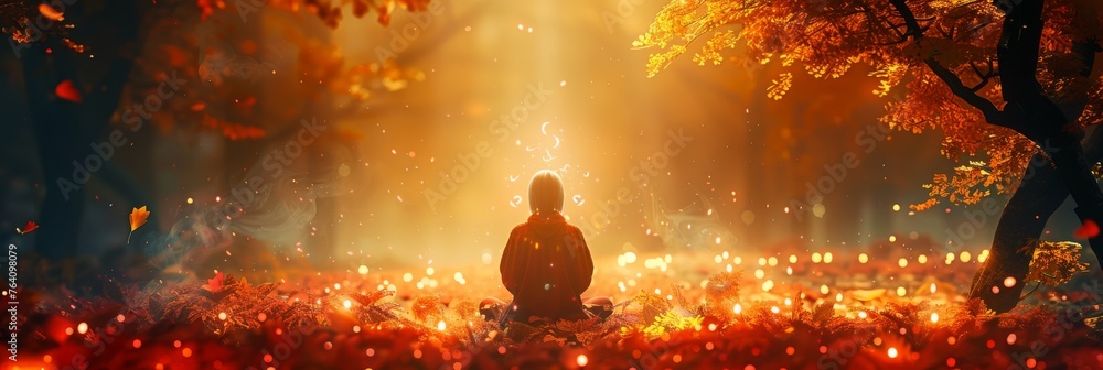 Illustration of a Sacred and Divine Meditation in the Earth Maiden Autumn Style created with Generative AI Technology - obrazy, fototapety, plakaty 