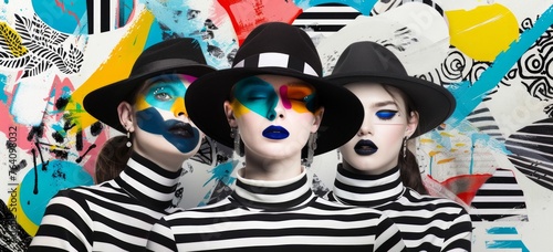 pop art style portrait of three  caucasian models with a large hat  posing on camera  black and white stripes mood  colorful touch  wallpaper pattern graphics