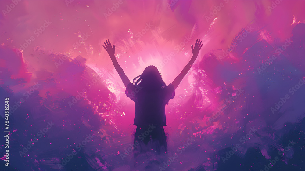 A woman raises her hands to worship and praise god against a purple and pink background, Christian illustration.