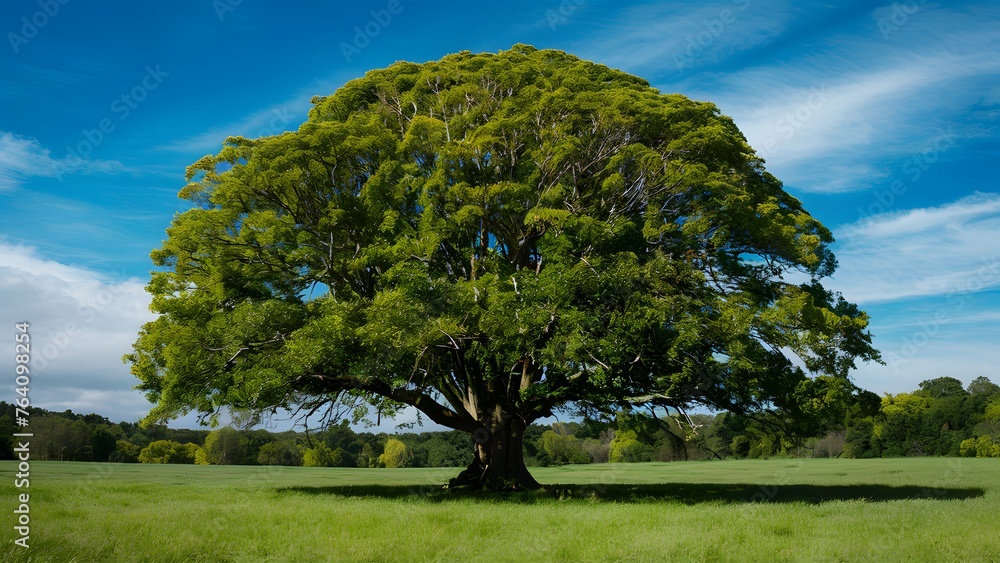 Majestic tree dominates lush green expanse under azure skies Majestic tree dominates lush green expanse under azure skies