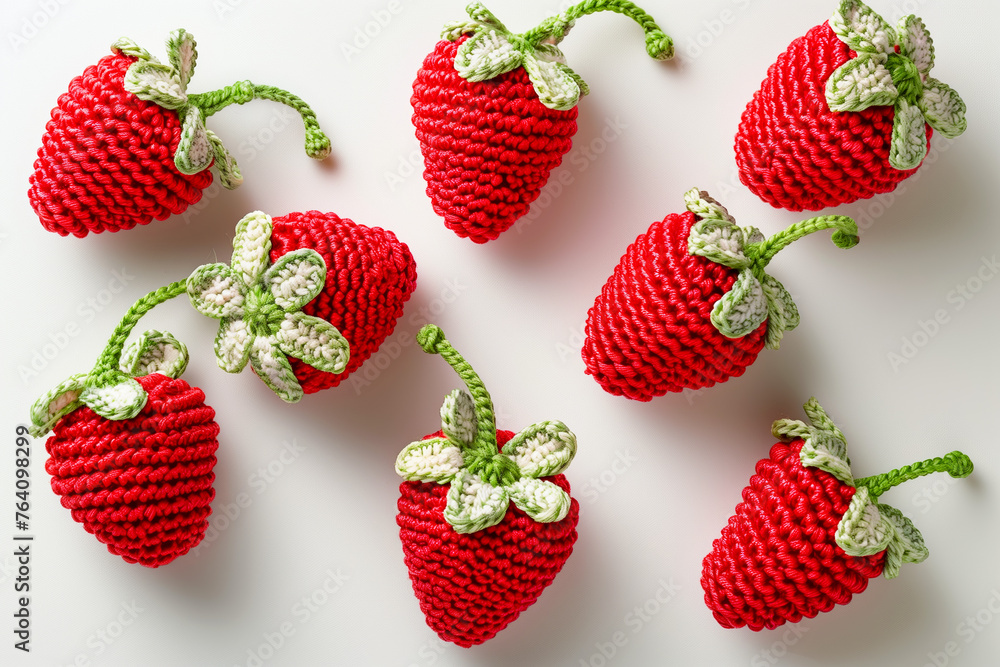 Crocheted strawberries on a white background
 - obrazy, fototapety, plakaty 