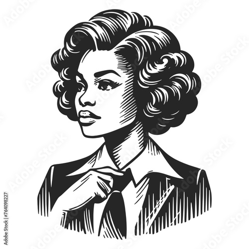 vintage businesswoman professional woman curly hairstyle, striped suit and tie sketch engraving generative ai fictional character vector illustration. Scratch board imitation. Black and white image.
