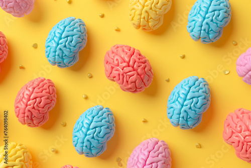 Colorful brains against a pastel yellow background