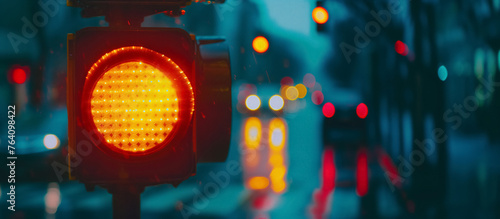 Red stoplight glowing on a rainy street.
