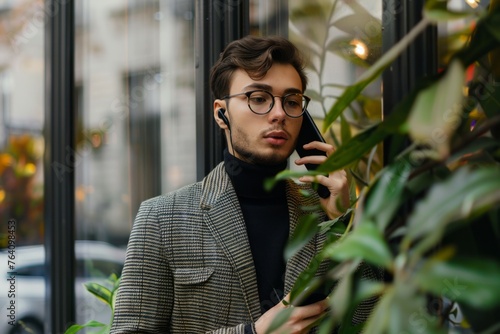 picture illustration of a young handsome businessman , elegant dressed sstanding near a building office door, urban city context talking at telephone photo