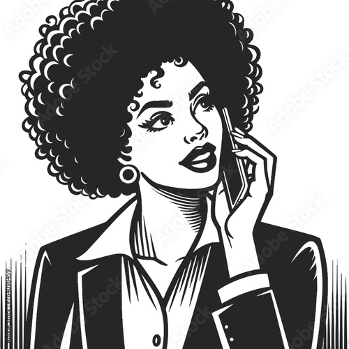 stylish retro businesswoman with an afro, speaking on a mobile phone sketch engraving generative ai fictional character vector illustration. Scratch board imitation. Black and white image.