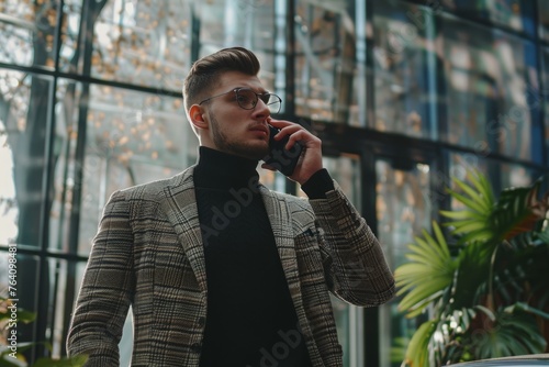 picture illustration of a young handsome businessman , elegant dressed sstanding near a building office door, urban city context talking at telephone photo