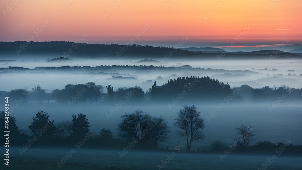Misty morning blankets the landscape in ethereal tranquility