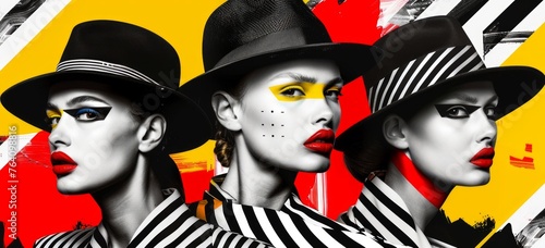  pop art style portrait of three caucasian models with a large hat posing on camera, black and white stripes mood, colorful touch, wallpaper pattern graphics